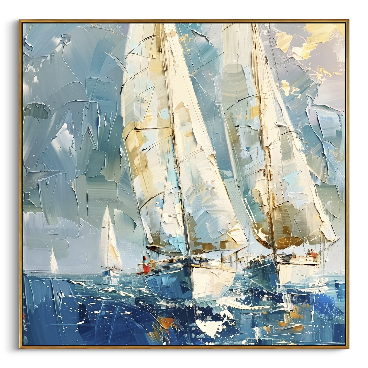 "Close Sailboat Masts Painting" - Modern Heavy Impasto Coastal Landscape | Blue & White Palette Knife Painting | Luxury Square Wall Art #PT 1149