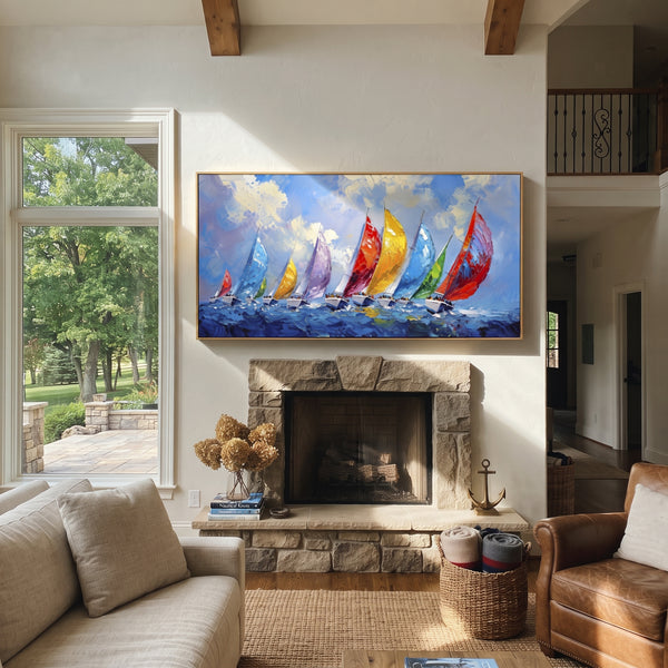 "Colorful Sailboat Regatta Painting" - Modern Heavy Impasto Coastal Landscape | Blue & White Palette Knife Painting | Luxury Horizontal Wall Art #PT 1151