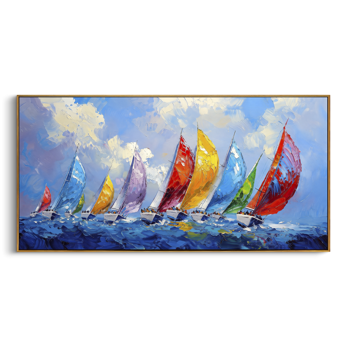 "Colorful Sailboat Regatta Painting" - Modern Heavy Impasto Coastal Landscape | Blue & White Palette Knife Painting | Luxury Horizontal Wall Art #PT 1151