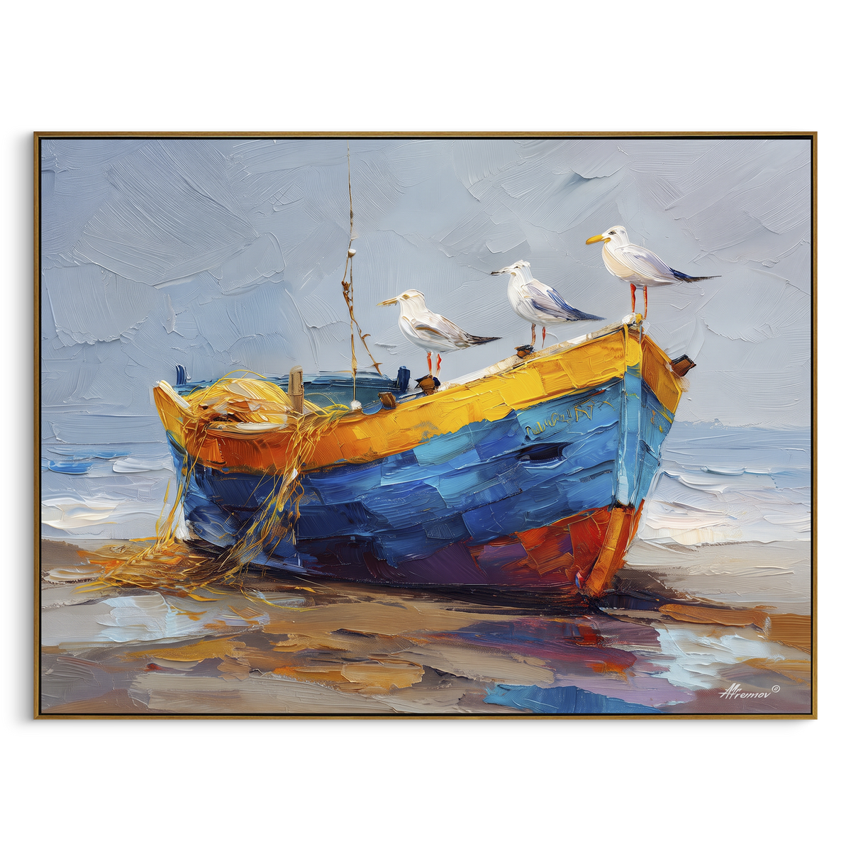 "Beached Fishing Boat Painting" - Modern Heavy Impasto Coastal Landscape | Blue & White Palette Knife Painting | Luxury Horizontal Wall Art #PT 1152