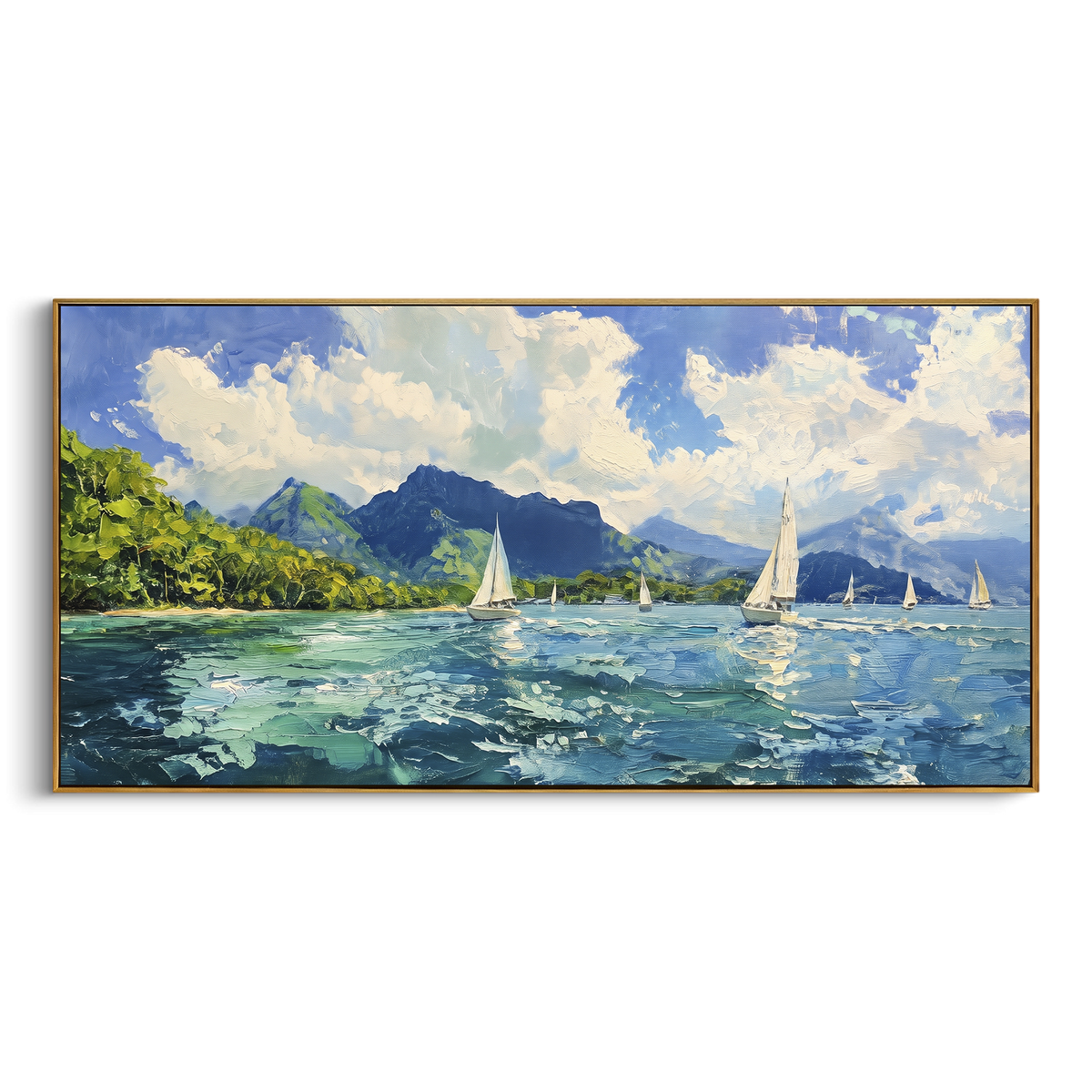 "Tropical Mountain Sailboats Painting" - Modern Heavy Impasto Coastal Landscape | Blue & White Palette Knife Painting | Luxury Horizontal Wall Art #PT 1153