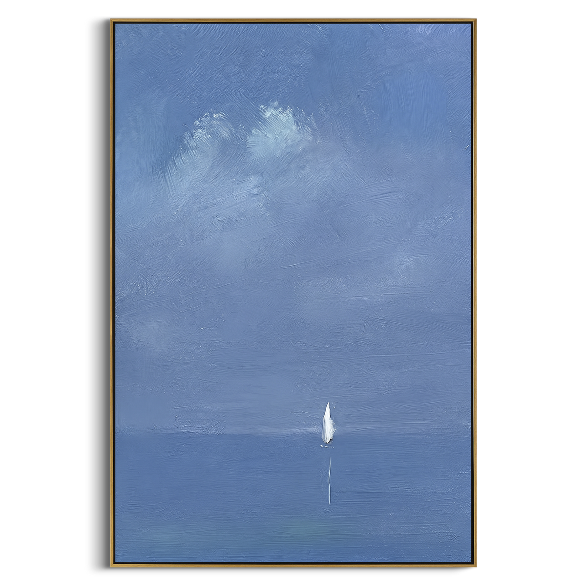 "Minimal Blue Distant Sailboat Painting" - Modern Heavy Impasto Coastal Landscape | Blue & White Palette Knife Painting | Luxury Vertical Wall Art #PT 1154