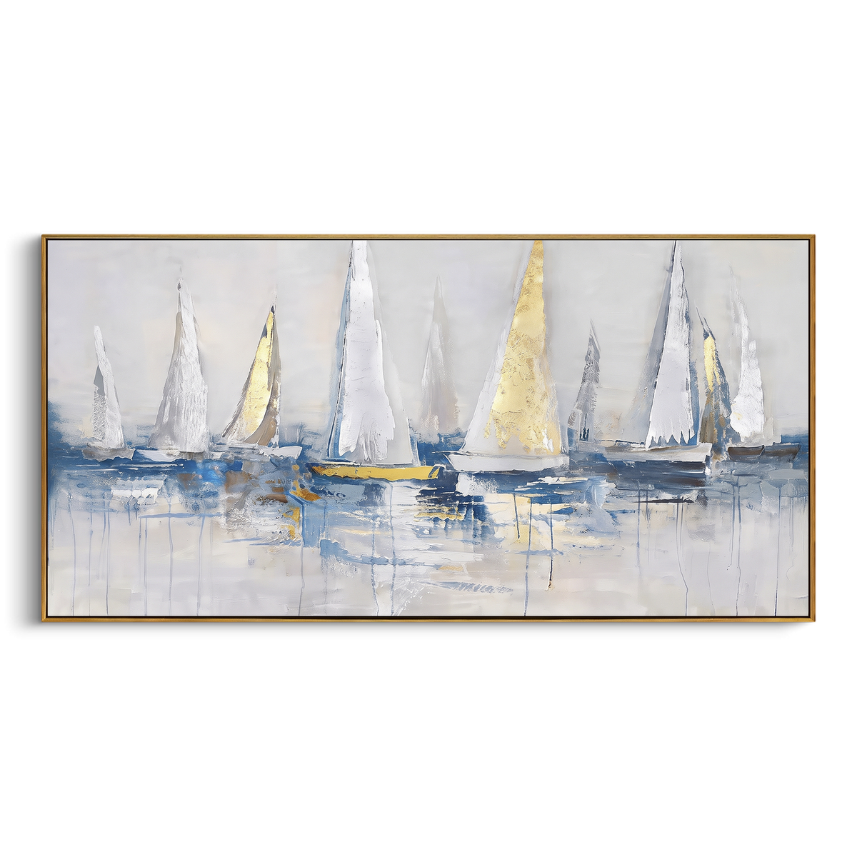 "White Sailboat Harbor Painting" - Modern Heavy Impasto Coastal Landscape | Blue & White Palette Knife Painting | Luxury Horizontal Wall Art #PT 1155