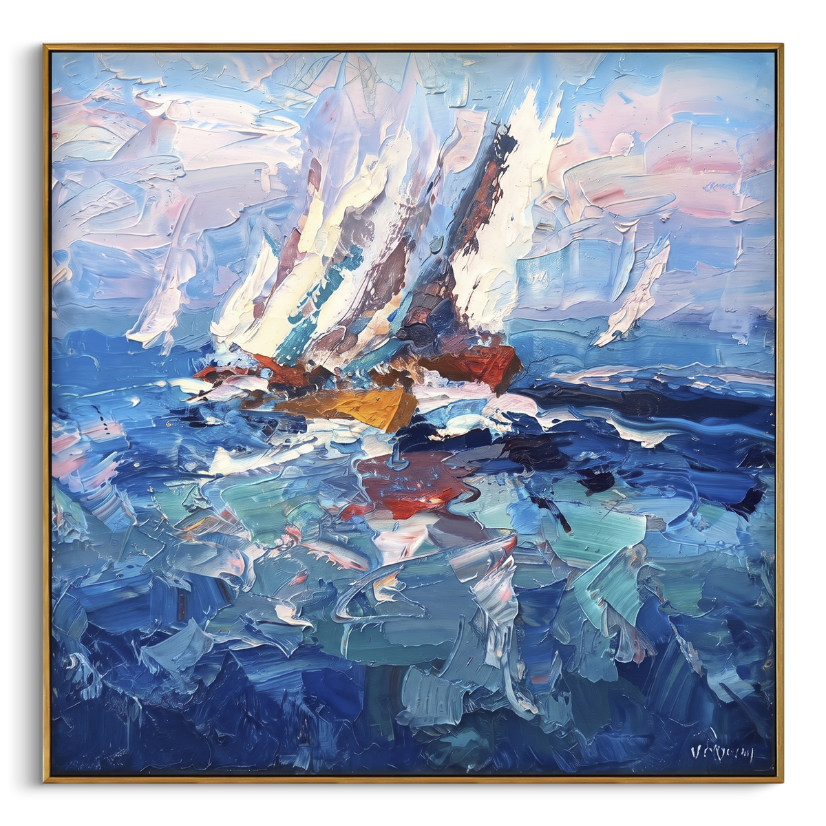 "Racing Sailboat Waves Painting" - Modern Heavy Impasto Coastal Landscape | Blue & White Palette Knife Painting | Luxury Square Wall Art #PT 1156
