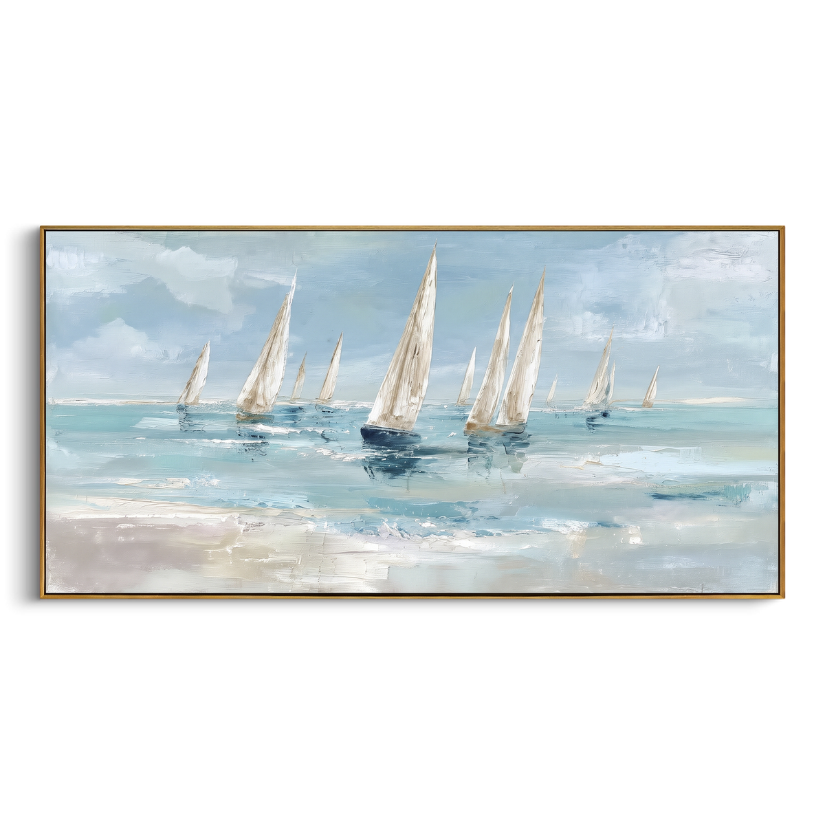 "Coastal Sailboats Painting" - Modern Heavy Impasto Coastal Landscape | Blue & White Palette Knife Painting | Luxury Horizontal Wall Art #PT 1158