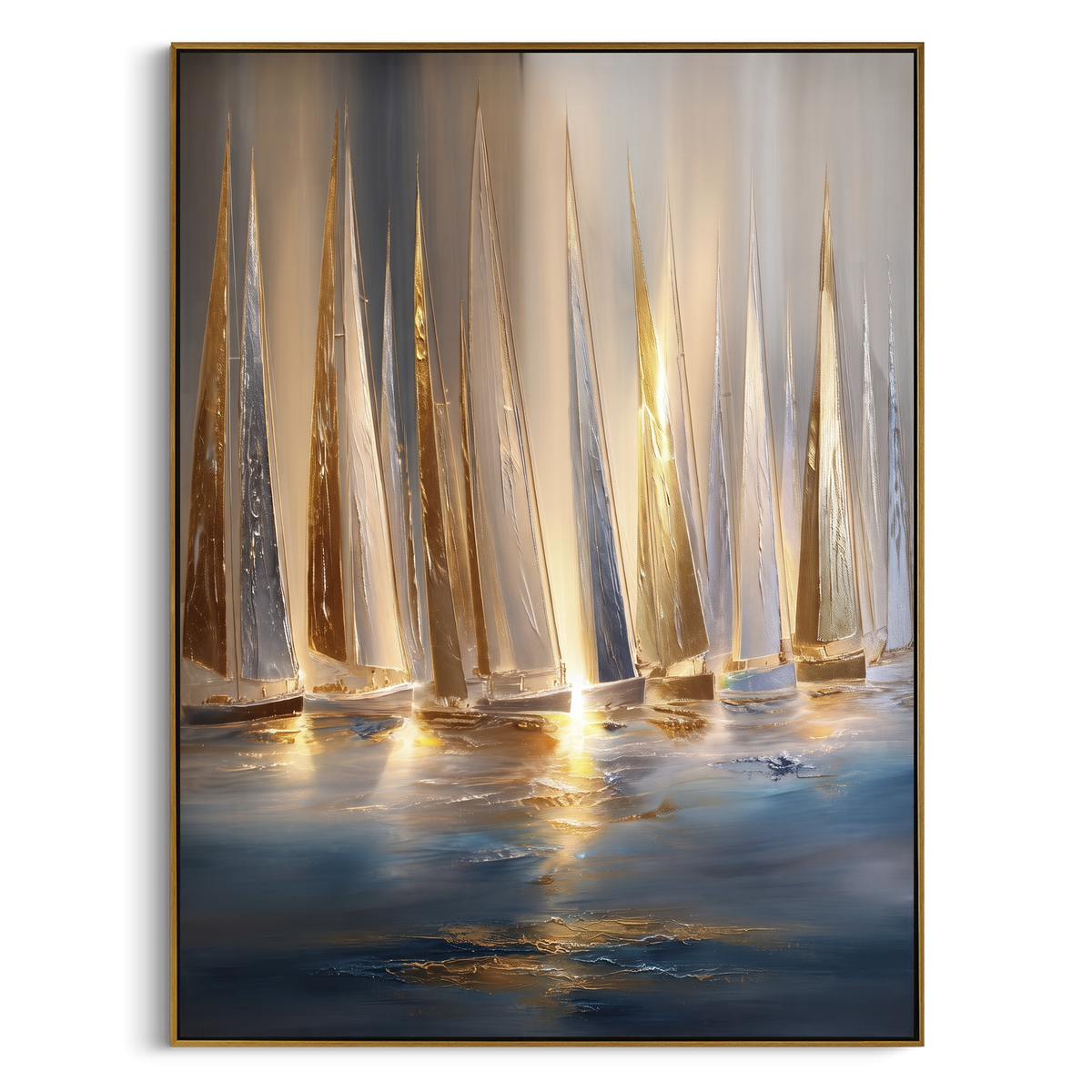 "Golden Sailboat Harbor Painting" - Modern Heavy Impasto Coastal Landscape | Blue & White Palette Knife Painting | Luxury Vertical Wall Art #PT 1159