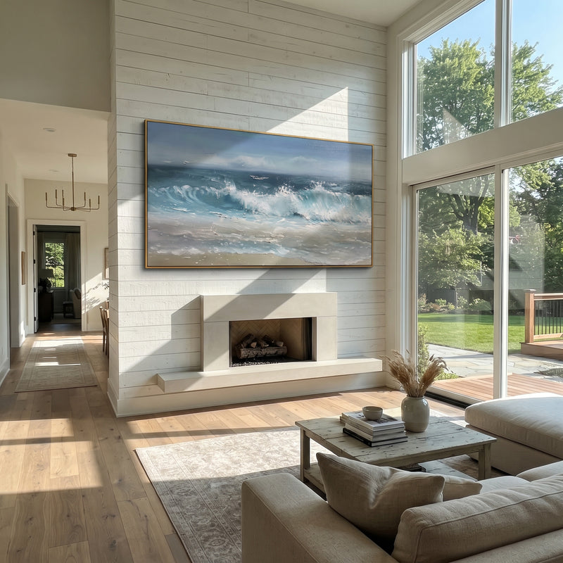 "Ocean Wave Painting" - Modern Heavy Impasto Coastal Landscape | Blue & White Palette Knife Painting | Luxury Horizontal Wall Art #PT 1160