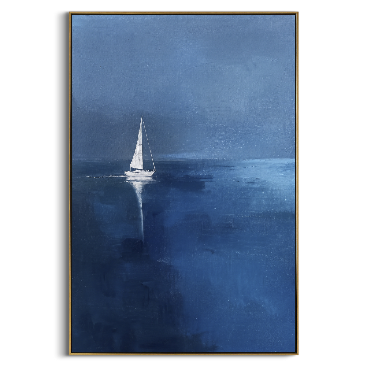 "Deep Blue Distant Sailboat Painting" - Modern Heavy Impasto Coastal Landscape | Blue & White Palette Knife Painting | Luxury Vertical Wall Art #PT 1161