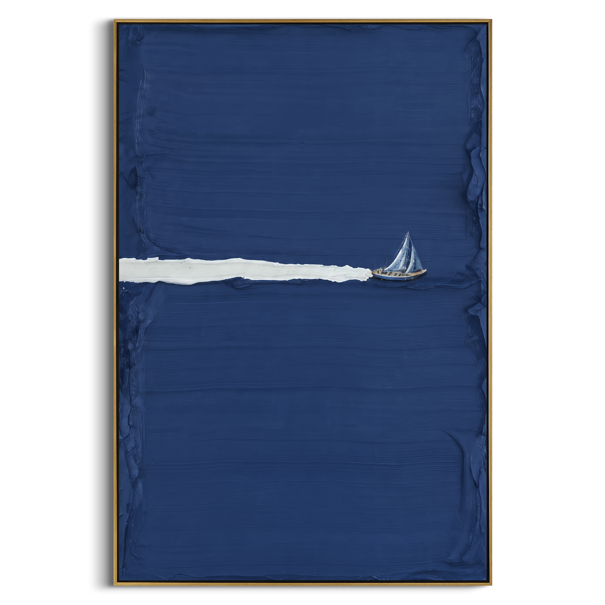 "Minimal Navy Sailboat Painting" - Modern Heavy Impasto Coastal Landscape | Blue & White Palette Knife Painting | Luxury Vertical Wall Art #PT 1162