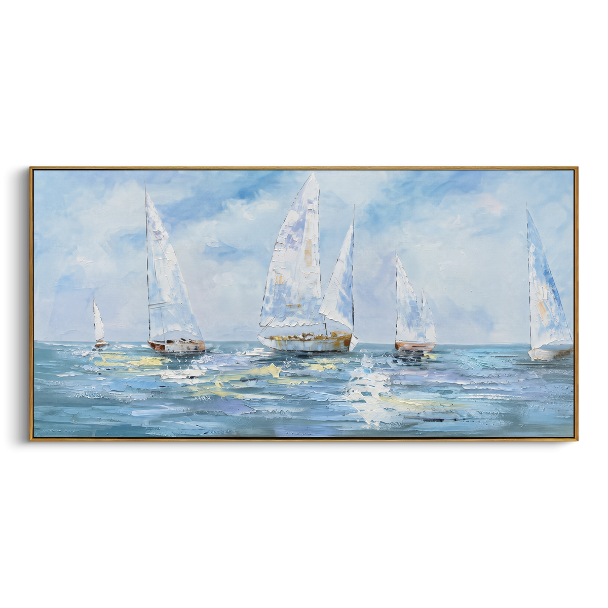 "Blue Sailboat Fleet Painting" - Modern Heavy Impasto Coastal Landscape | Blue & White Palette Knife Painting | Luxury Horizontal Wall Art #PT 1164
