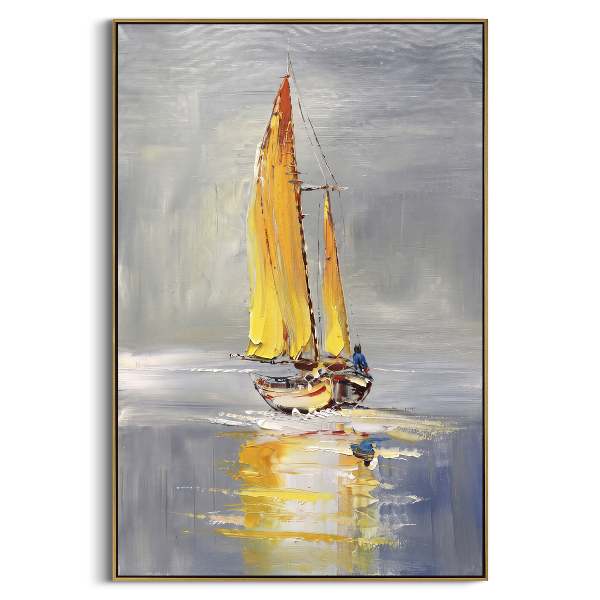 "Yellow Sailboat Reflection Painting" - Modern Heavy Impasto Coastal Landscape | Blue & White Palette Knife Painting | Luxury Vertical Wall Art #PT 1165