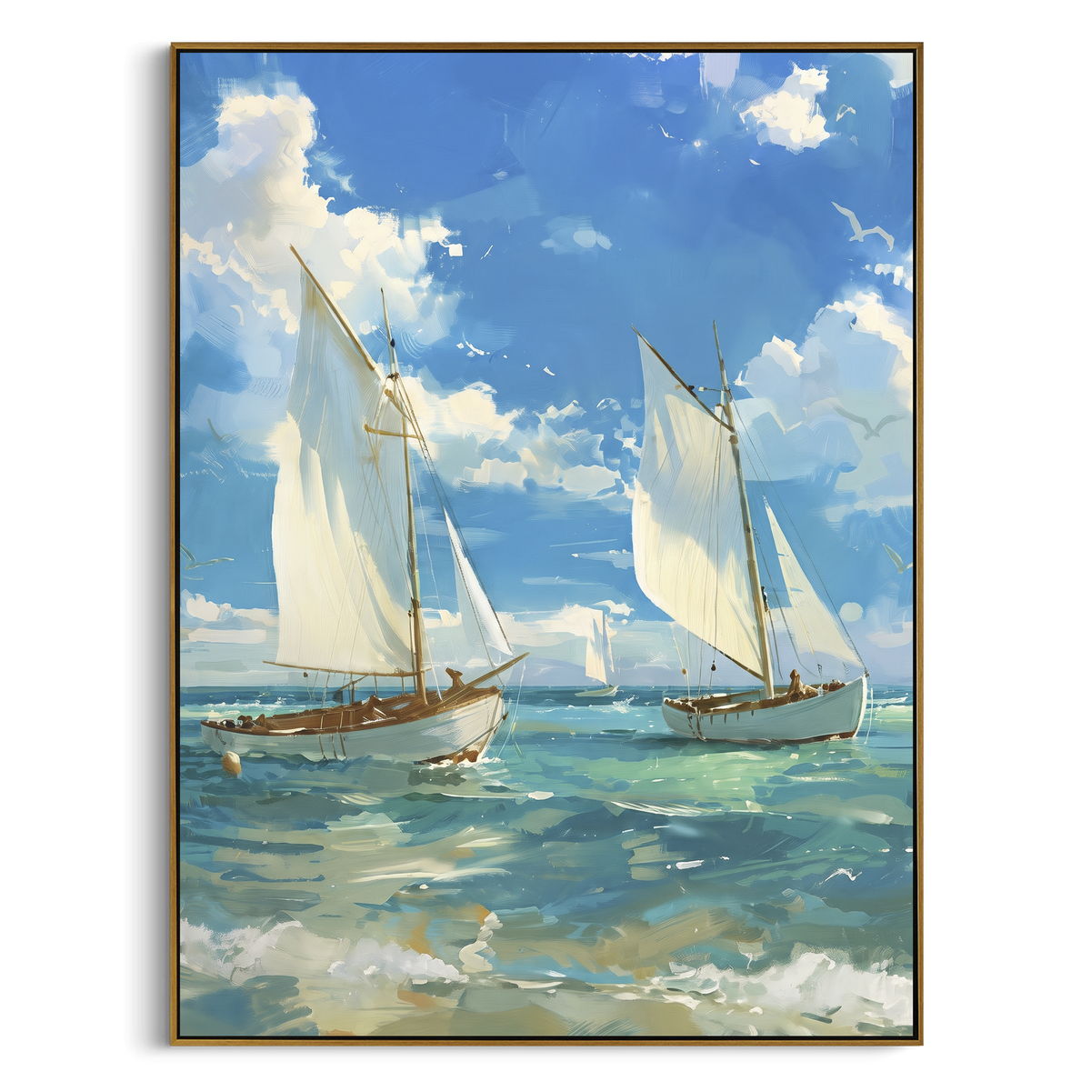 "Tropical Two Sailboats Painting" - Modern Heavy Impasto Coastal Landscape | Blue & White Palette Knife Painting | Luxury Vertical Wall Art #PT 1166
