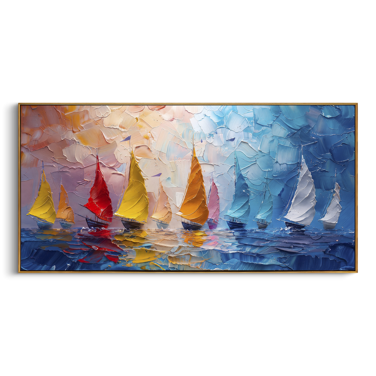 "Colorful Sailboat Sunset Painting" - Modern Heavy Impasto Coastal Landscape | Blue & White Palette Knife Painting | Luxury Horizontal Wall Art #PT 1167