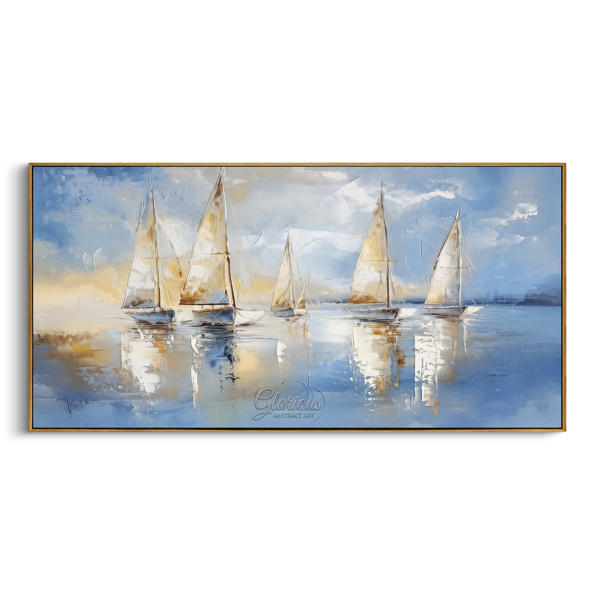 "Sailboat Reflections Painting" - Modern Heavy Impasto Coastal Landscape | Blue & White Palette Knife Painting | Luxury Horizontal Wall Art #PT 1169