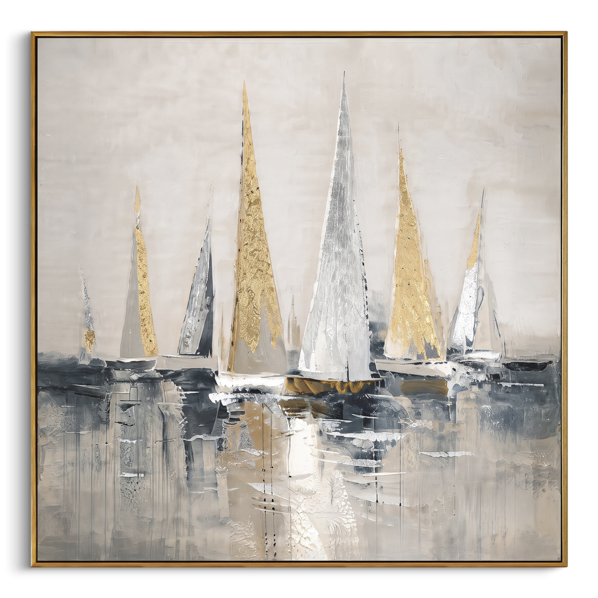 "Golden White Sailboat Fleet Painting" - Modern Heavy Impasto Coastal Landscape | Blue & White Palette Knife Painting | Luxury Square Wall Art #PT 1170