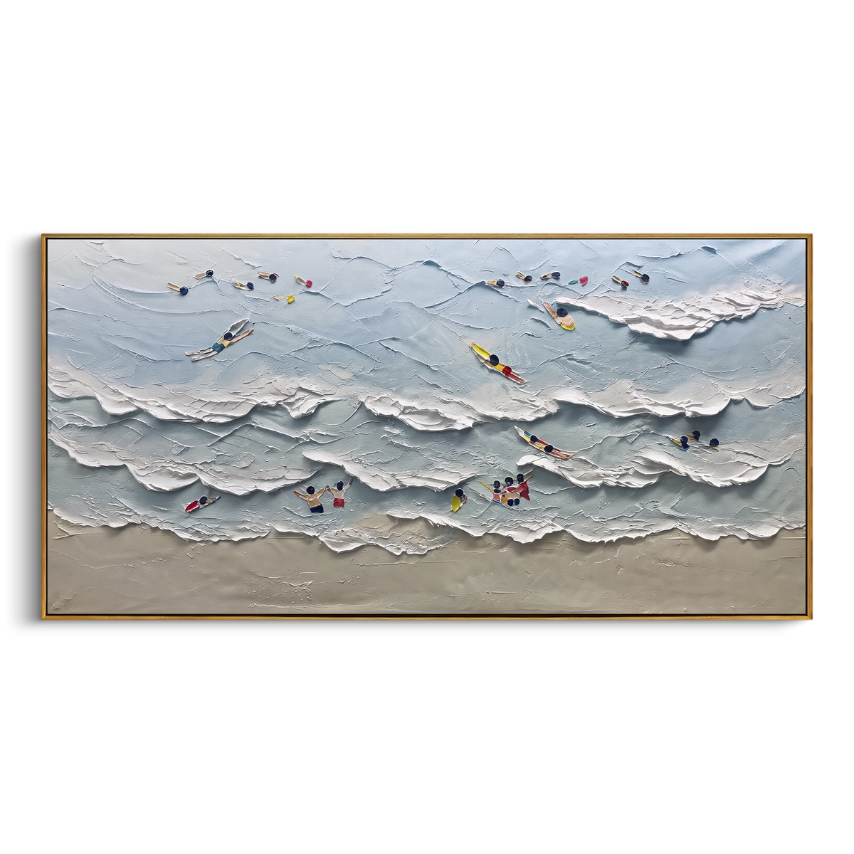 "Ocean Rowers Painting" - Modern Heavy Impasto Coastal Landscape | Blue & White Palette Knife Painting | Luxury Horizontal Wall Art #PT 1171