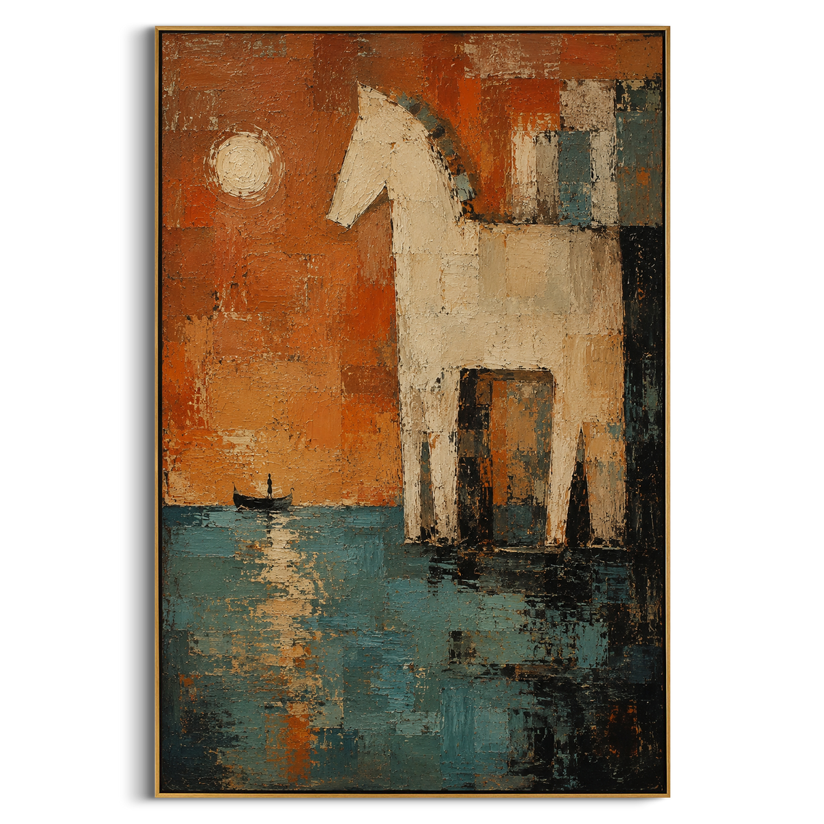 "Trojan Horse At Moonlit Troy" - Modern Heavy Impasto Odyssey Artwork | Orange & Blue Palette Knife Painting | Luxury Vertical Wall Art #PT 1173