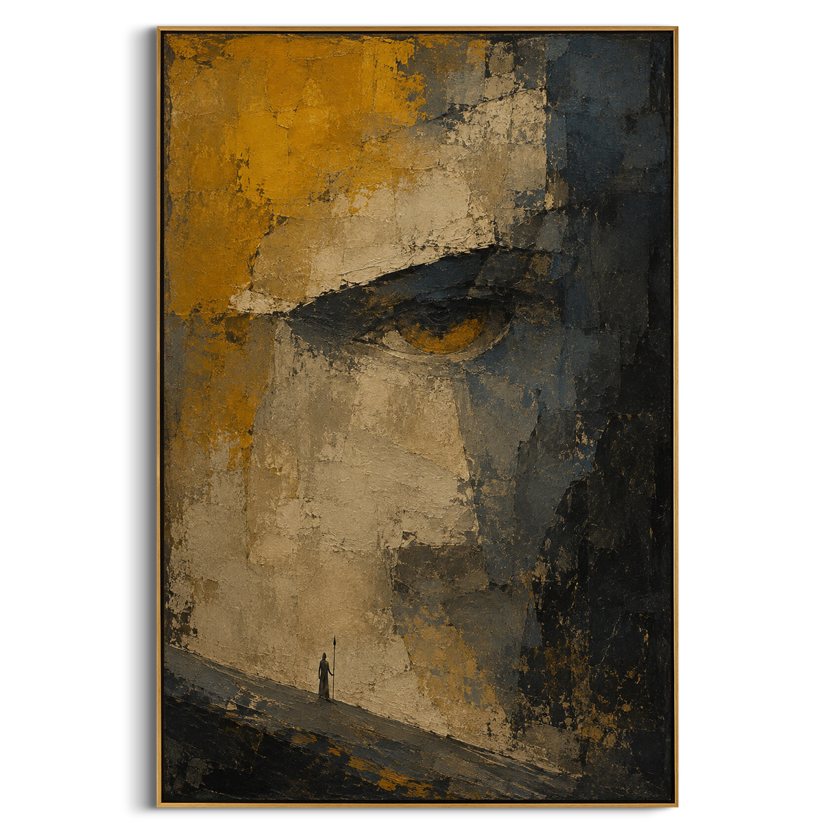 "Polyphemus Cave Eye" - Modern Heavy Impasto Odyssey Artwork | Golden & Grey Palette Knife Painting | Luxury Vertical Wall Art #PT 1174