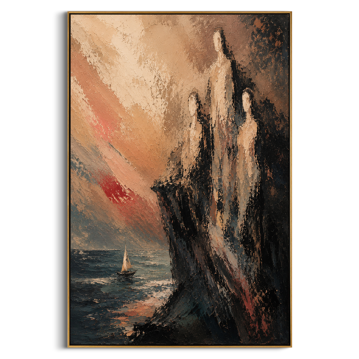 "Sirens Watching The Odyssey Sea" - Modern Heavy Impasto Odyssey Artwork | Beige & Blue Palette Knife Painting | Luxury Vertical Wall Art #PT 1175