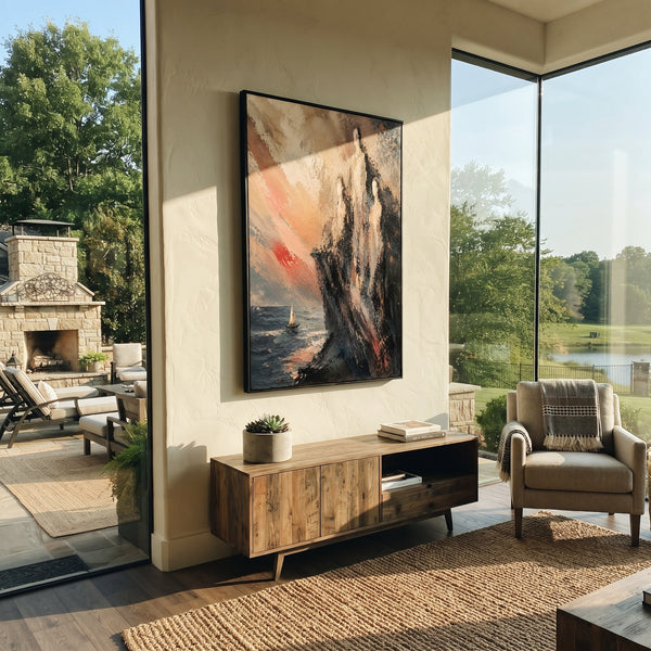 "Sirens Watching The Odyssey Sea" - Modern Heavy Impasto Odyssey Artwork | Beige & Blue Palette Knife Painting | Luxury Vertical Wall Art #PT 1175