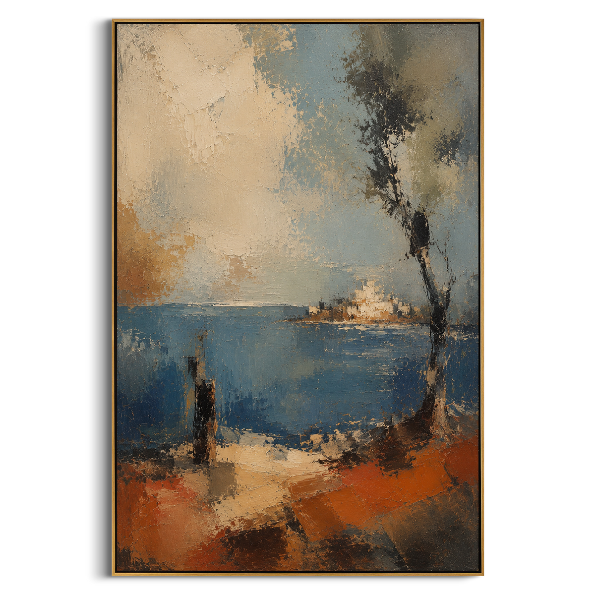 "Ithaca Shore Homecoming" - Modern Heavy Impasto Odyssey Artwork | Blue & Beige Palette Knife Painting | Luxury Vertical Wall Art #PT 1176