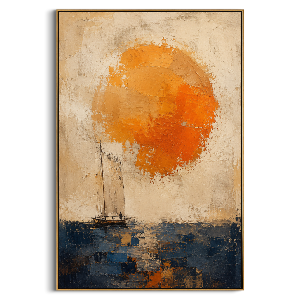 "Odysseus Sail Under Helios Sun" - Modern Heavy Impasto Odyssey Artwork | Orange & Blue Palette Knife Painting | Luxury Vertical Wall Art #PT 1178