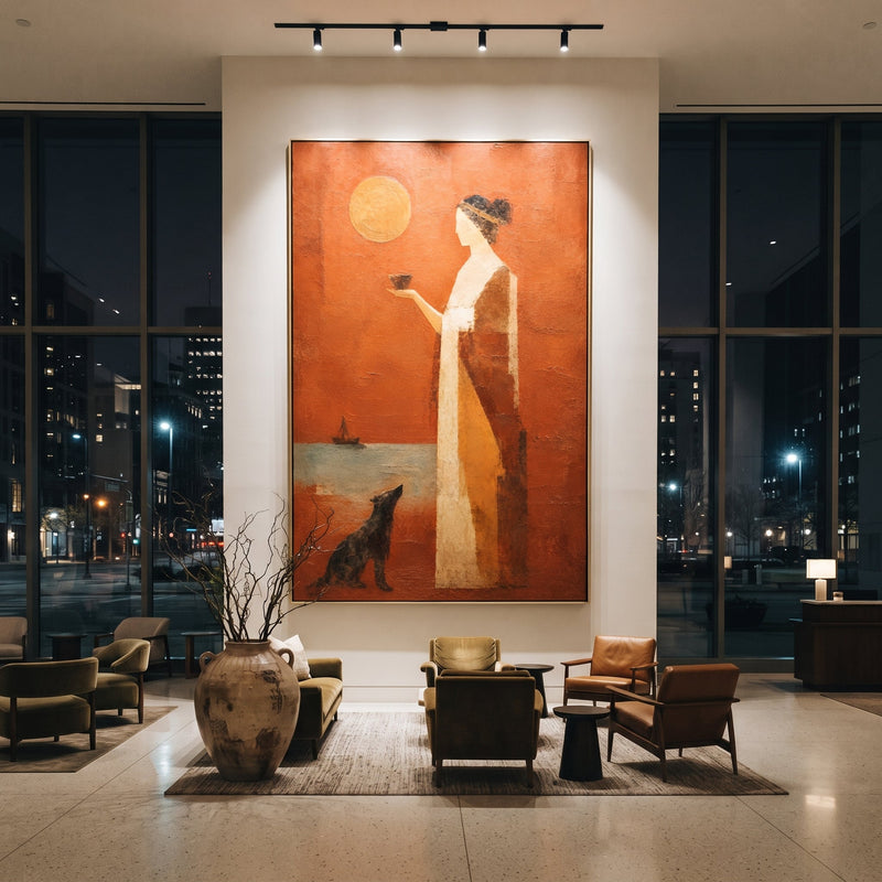 "Penelope And Argos Waiting" - Modern Heavy Impasto Odyssey Artwork | Orange & Beige Palette Knife Painting | Luxury Vertical Wall Art #PT 1180