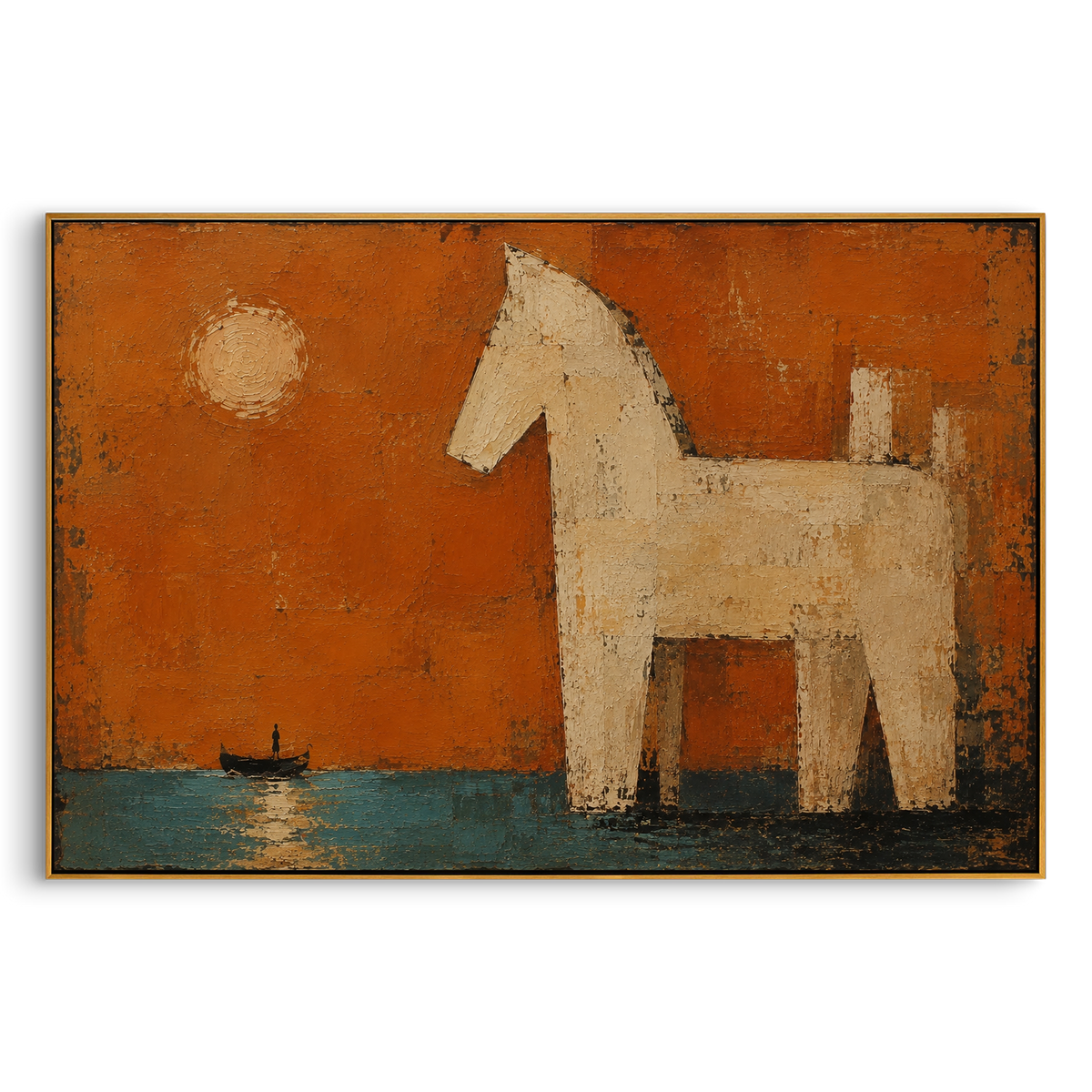 "Trojan Horse Before The Voyage" - Modern Heavy Impasto Odyssey Artwork | Orange & Blue Palette Knife Painting | Luxury Horizontal Wall Art #PT 1181