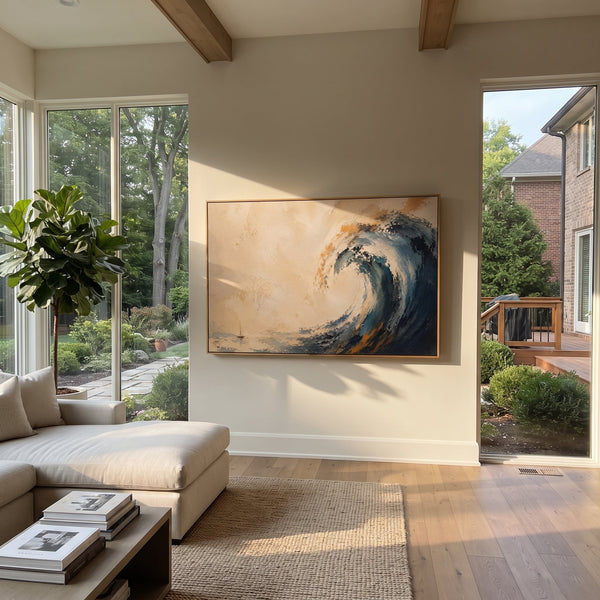 "Poseidon Wave Odyssey" - Modern Heavy Impasto Odyssey Artwork | Blue & Beige Palette Knife Painting | Luxury Panoramic Wall Art #PT 1182