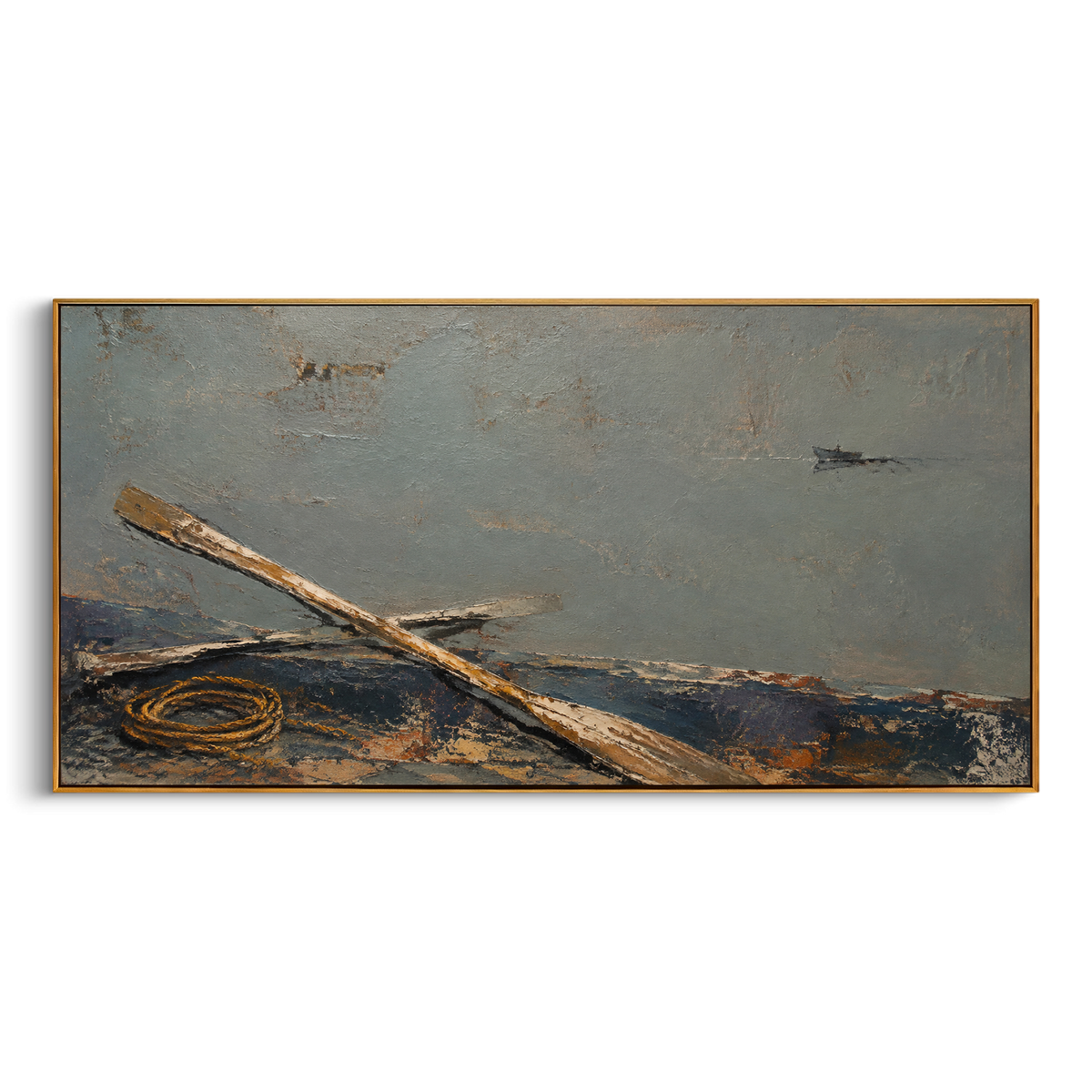 "Oars After Poseidon Storm" - Modern Heavy Impasto Odyssey Artwork | Blue & Grey Palette Knife Painting | Luxury Panoramic Wall Art #PT 1185