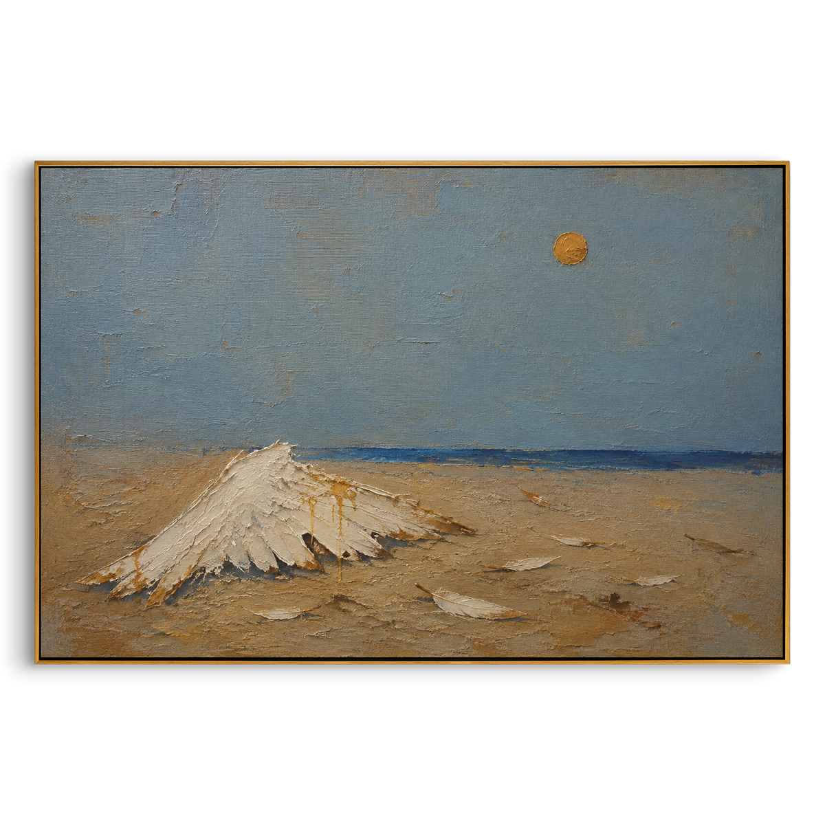 "Washed Ashore Wing Of Hermes" - Modern Heavy Impasto Odyssey Artwork | Blue & Beige Palette Knife Painting | Luxury Horizontal Wall Art #PT 1187