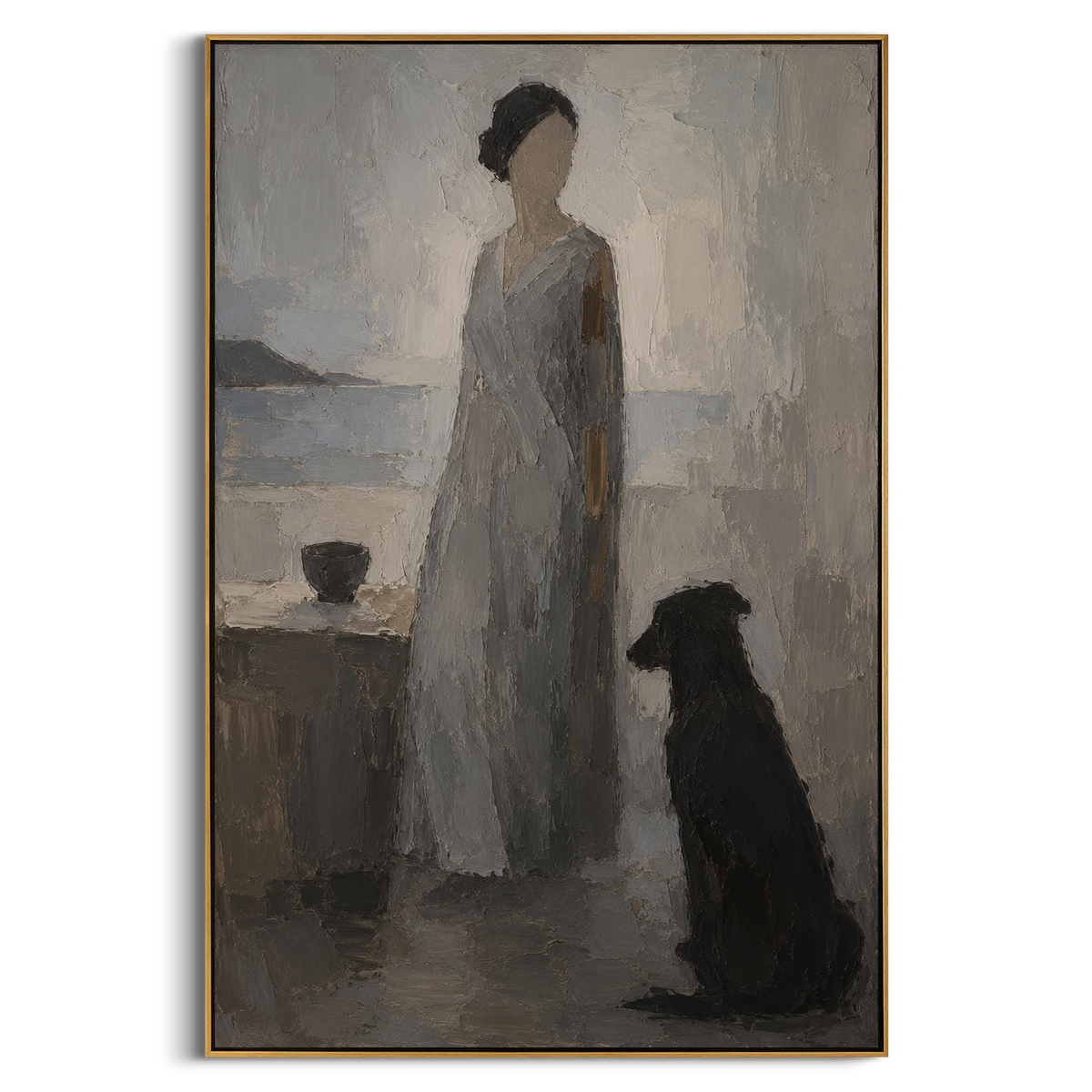 "Penelope And Argos By The Sea" - Modern Heavy Impasto Odyssey Artwork | Grey & Black Palette Knife Painting | Luxury Vertical Wall Art #PT 1195