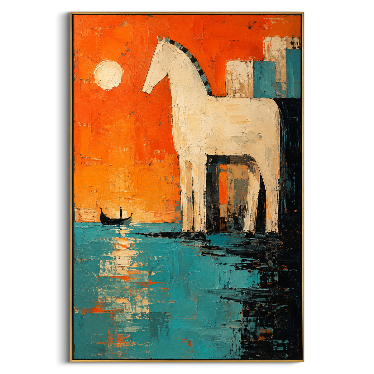 "Trojan Horse Burning Harbor" - Modern Heavy Impasto Odyssey Artwork | Orange & Blue Palette Knife Painting | Luxury Vertical Wall Art #PT 1197