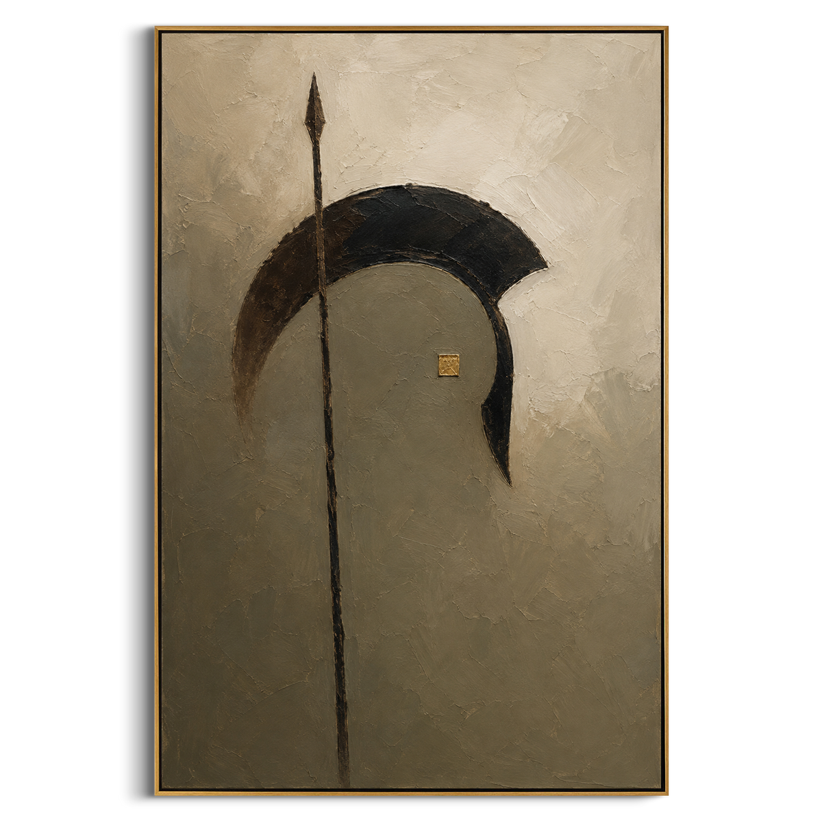 "Odysseus Shield And Spear" - Modern Heavy Impasto Odyssey Artwork | Green & Black Palette Knife Painting | Luxury Vertical Wall Art #PT 1199