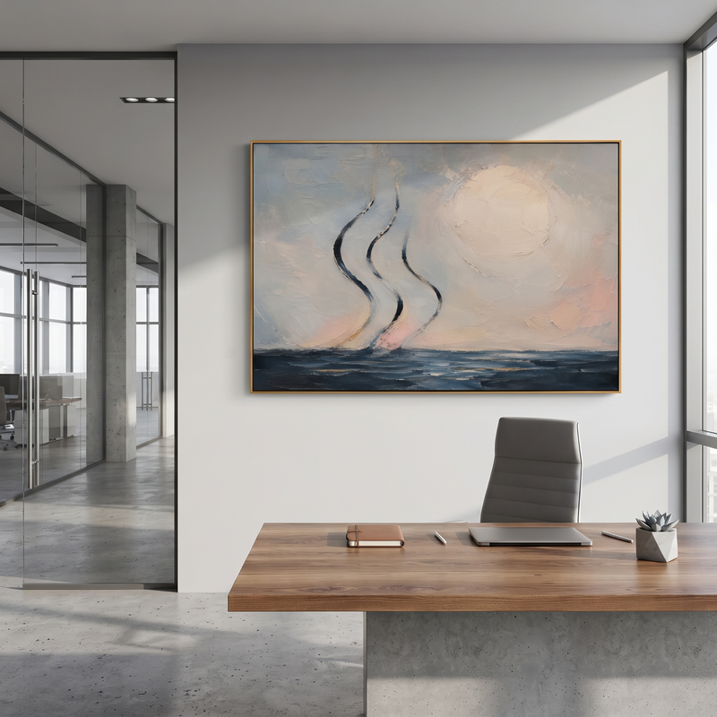 "Aeolus Winds Over The Sea" - Modern Heavy Impasto Odyssey Artwork | Blue & White Palette Knife Painting | Luxury Horizontal Wall Art #PT 1200