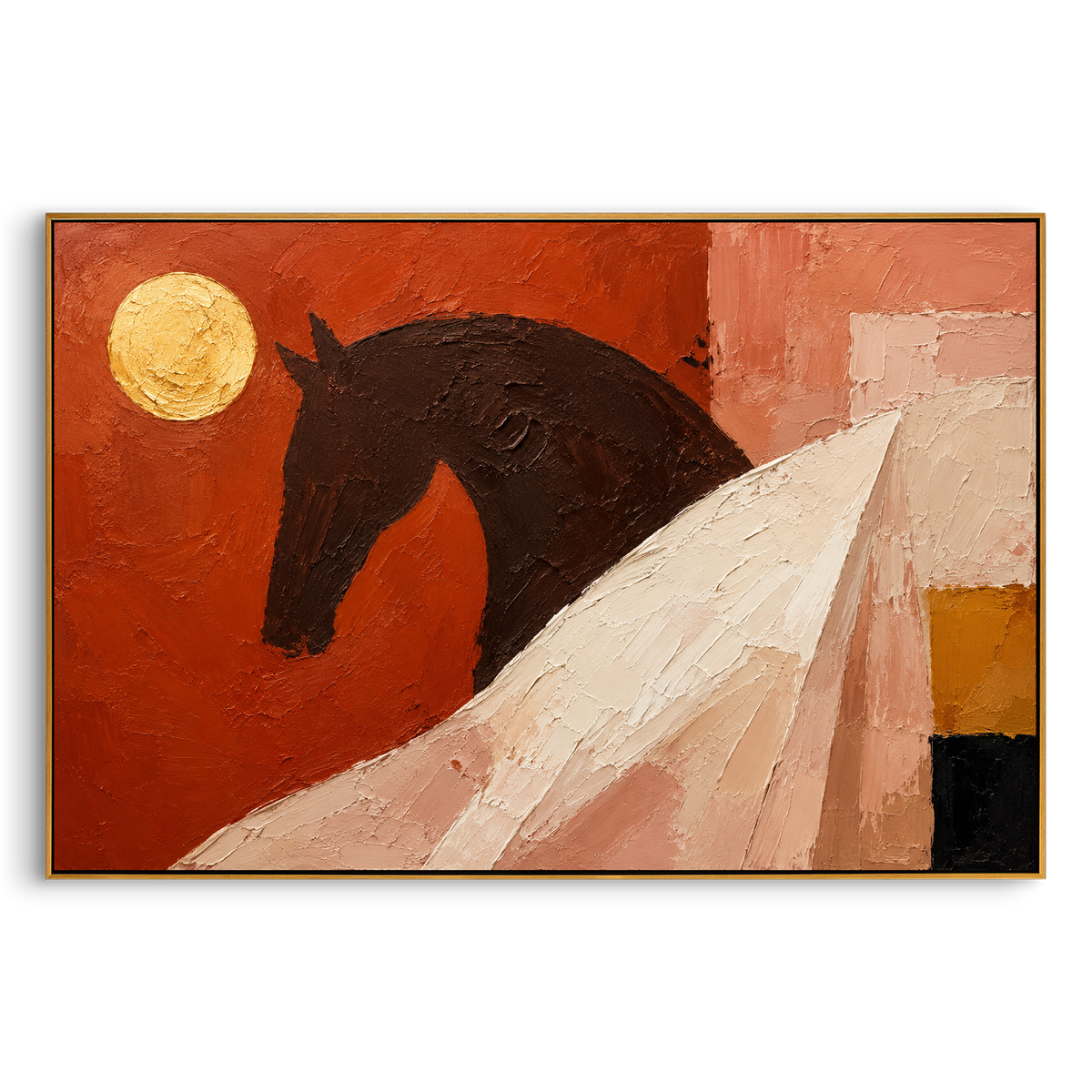"Trojan Horse Under Red Moon" - Modern Heavy Impasto Odyssey Artwork | Red & Pink Palette Knife Painting | Luxury Horizontal Wall Art #PT 1203