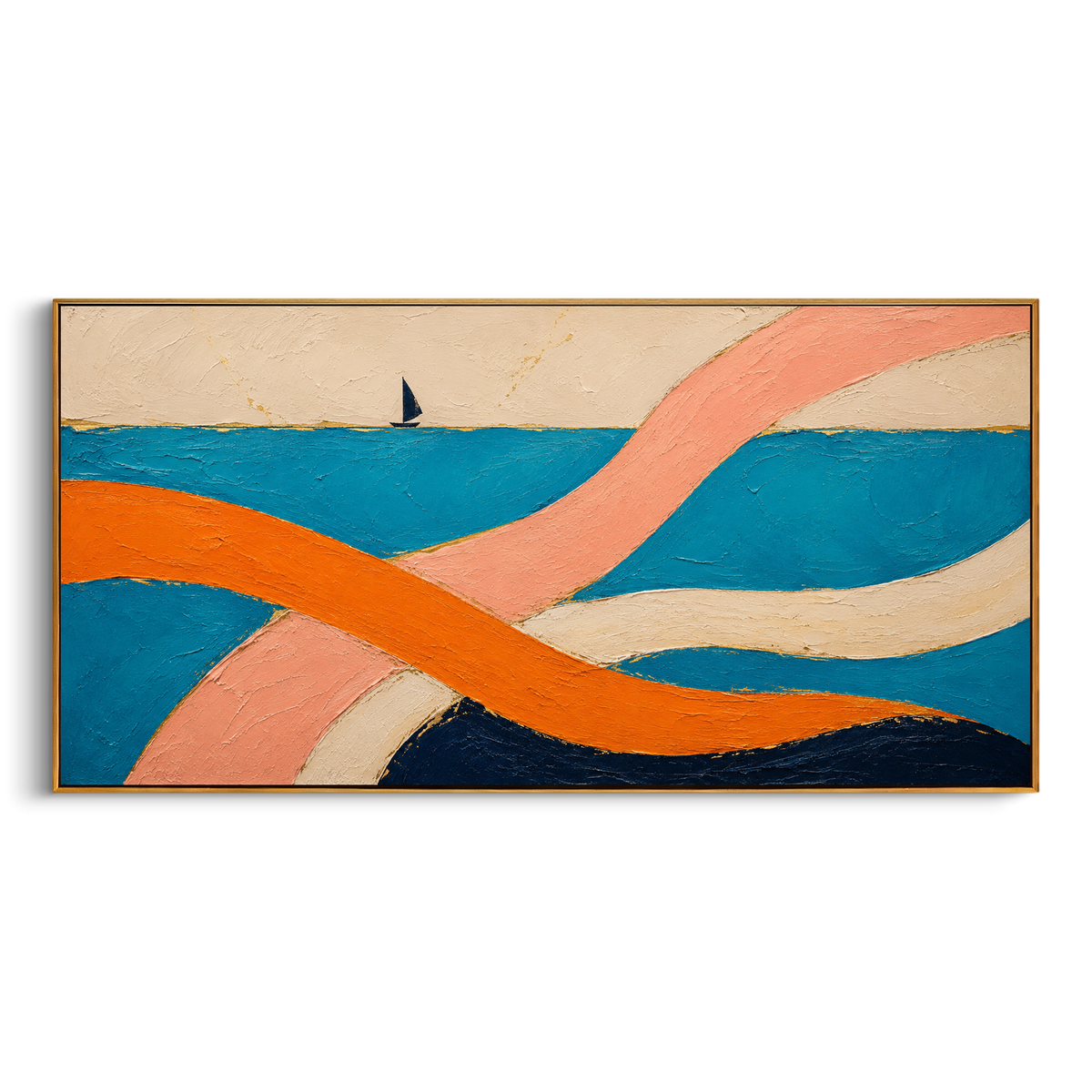 "Nausicaa Ribbons By The Sea" - Modern Heavy Impasto Odyssey Artwork | Blue & Orange Palette Knife Painting | Luxury Panoramic Wall Art #PT 1206