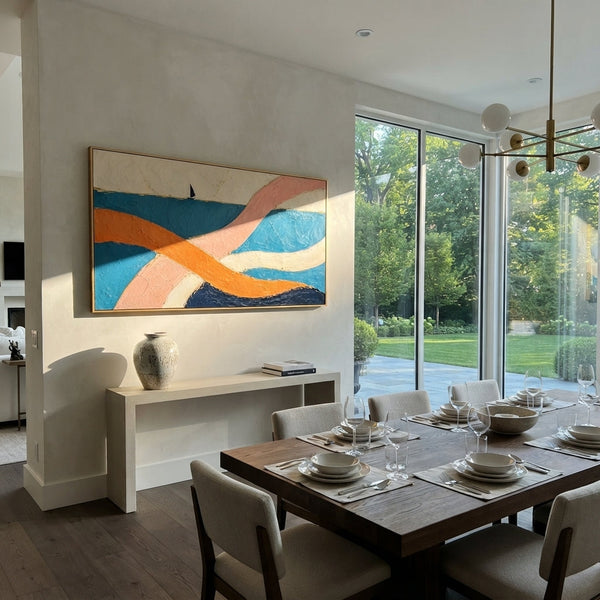 "Nausicaa Ribbons By The Sea" - Modern Heavy Impasto Odyssey Artwork | Blue & Orange Palette Knife Painting | Luxury Panoramic Wall Art #PT 1206