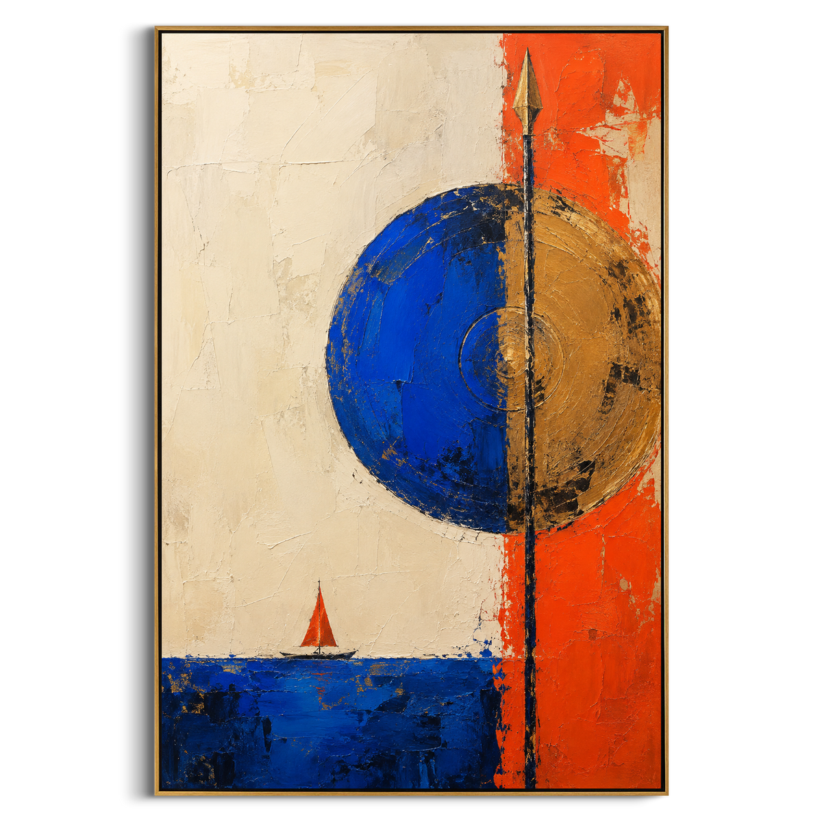 "Athena Shield Over Ithaca" - Modern Heavy Impasto Odyssey Artwork | Blue & Orange Palette Knife Painting | Luxury Vertical Wall Art #PT 1207