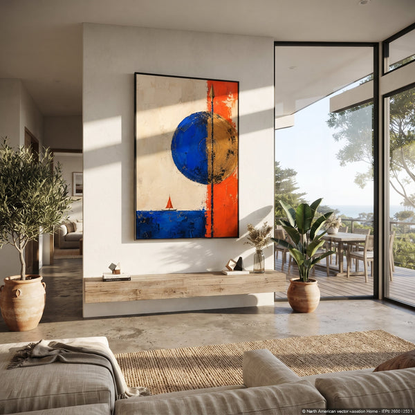 "Athena Shield Over Ithaca" - Modern Heavy Impasto Odyssey Artwork | Blue & Orange Palette Knife Painting | Luxury Vertical Wall Art #PT 1207