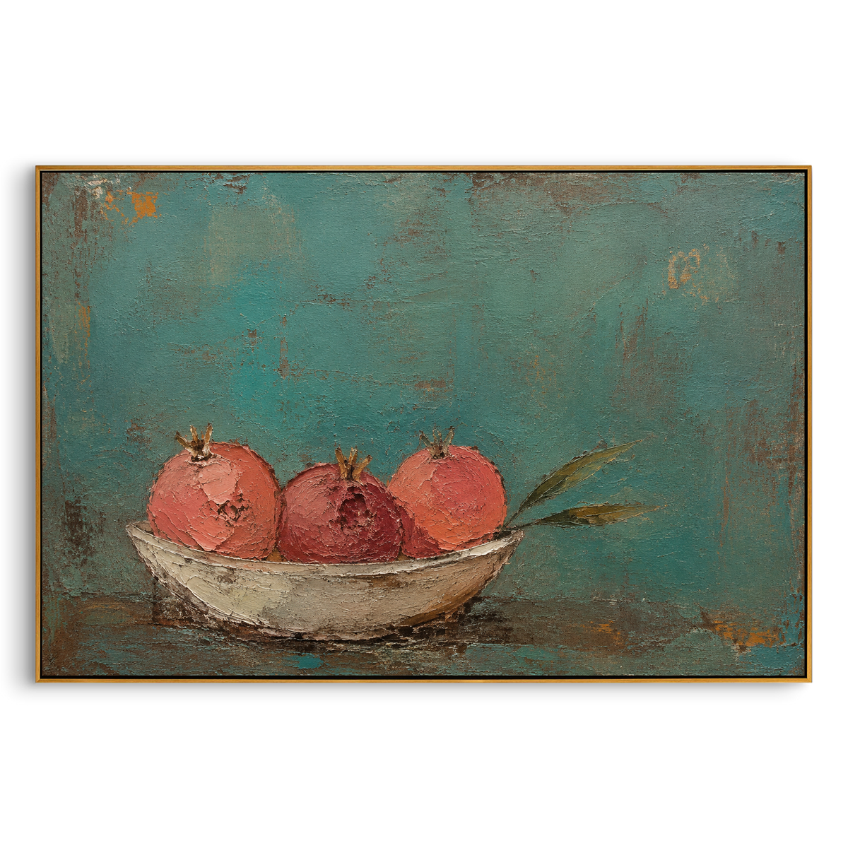 "Persephone Pomegranate Bowl" - Modern Heavy Impasto Odyssey Artwork | Green & Pink Palette Knife Painting | Luxury Horizontal Wall Art #PT 1211