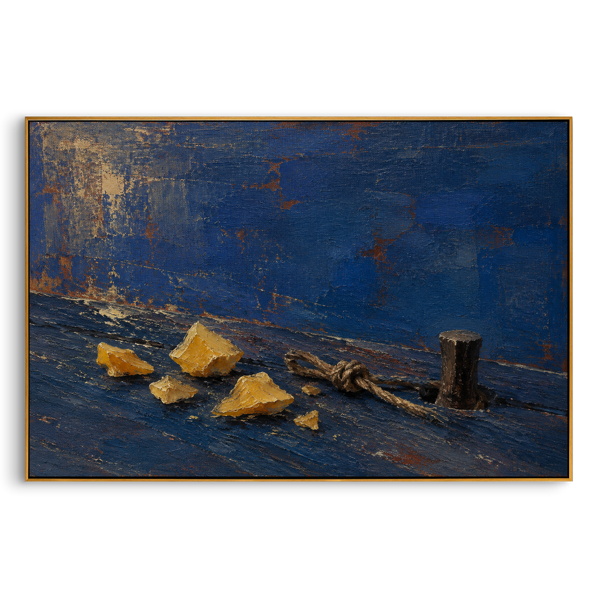 "Poseidon Harbor Relics" - Modern Heavy Impasto Odyssey Artwork | Blue & Golden Palette Knife Painting | Luxury Horizontal Wall Art #PT 1212