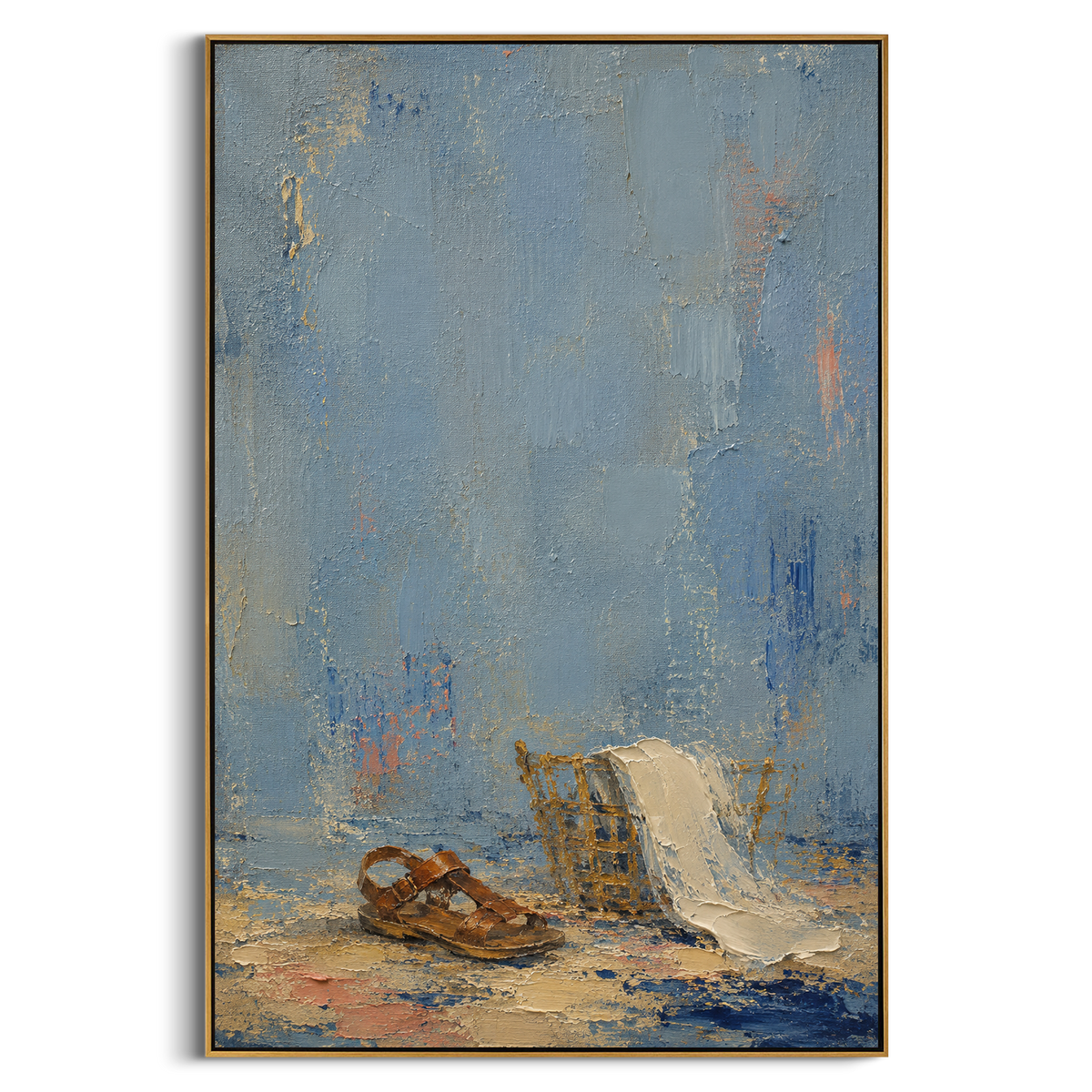 "Odysseus Homecoming Sandals" - Modern Heavy Impasto Odyssey Artwork | Blue & White Palette Knife Painting | Luxury Vertical Wall Art #PT 1214