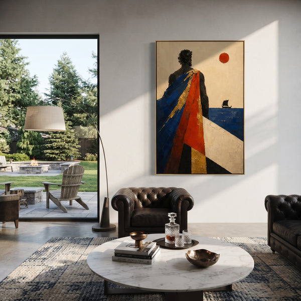 "Odysseus Watching The Black Sail" - Modern Heavy Impasto Coastal Landscape | Blue & Red Palette Knife Painting | Luxury Vertical Wall Art #PT 1215