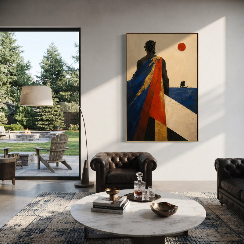 "Odysseus Watching The Black Sail" - Modern Heavy Impasto Coastal Landscape | Blue & Red Palette Knife Painting | Luxury Vertical Wall Art #PT 1215