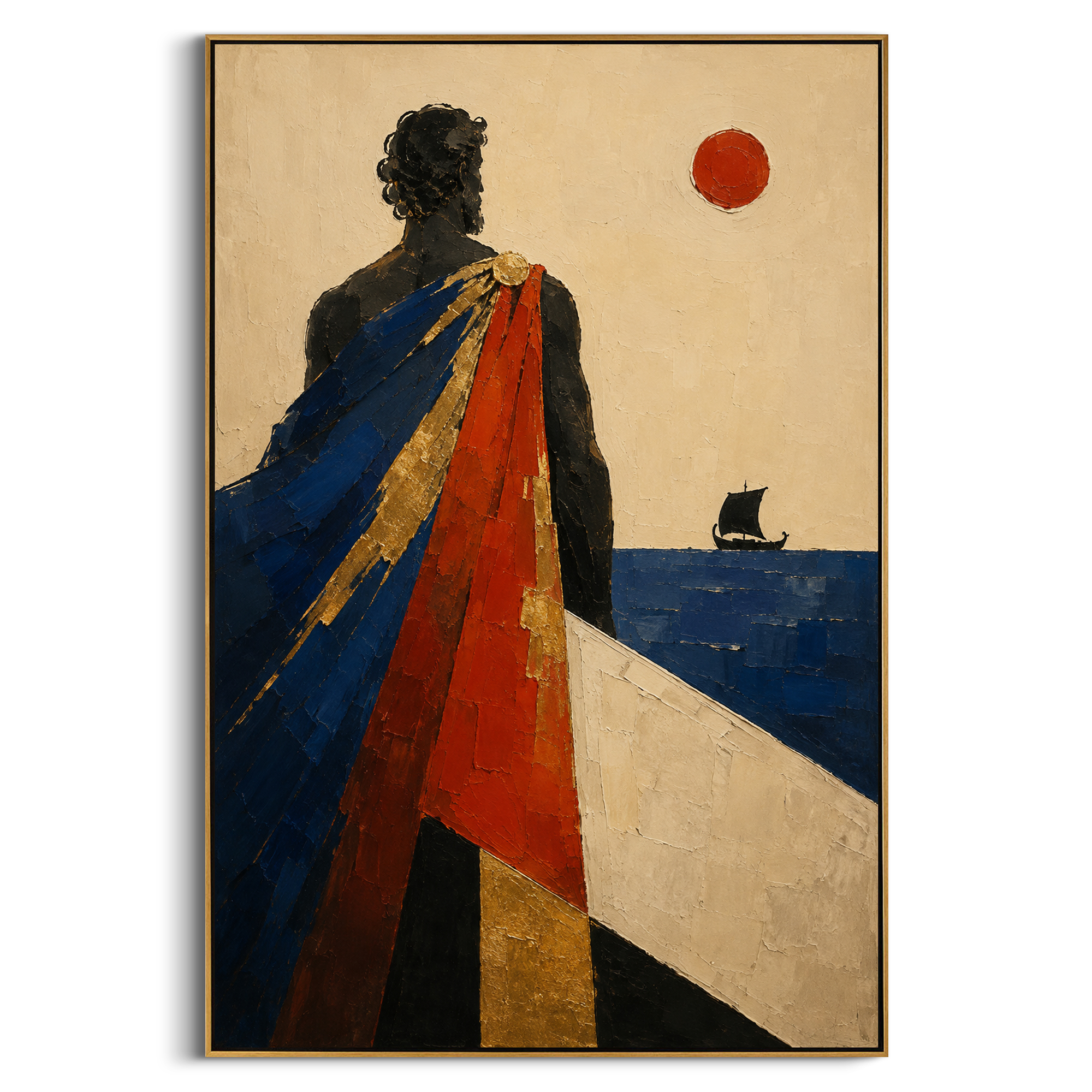 "Odysseus Watching The Black Sail" imagines the suspended moment between departure and homecoming: the hero is seen from behind, his red and deep blue cloak falling like divided loyalties, while a dark sail crosses the distant Aegean. The scene feels tied to Ithaca, war, memory, and the long pull of the sea rather than a single literal episode. Heavy palette-knife texture gives the robe, wall, and water a carved ceremonial presence, making the artwork a dramatic Odyssey statement for entryways