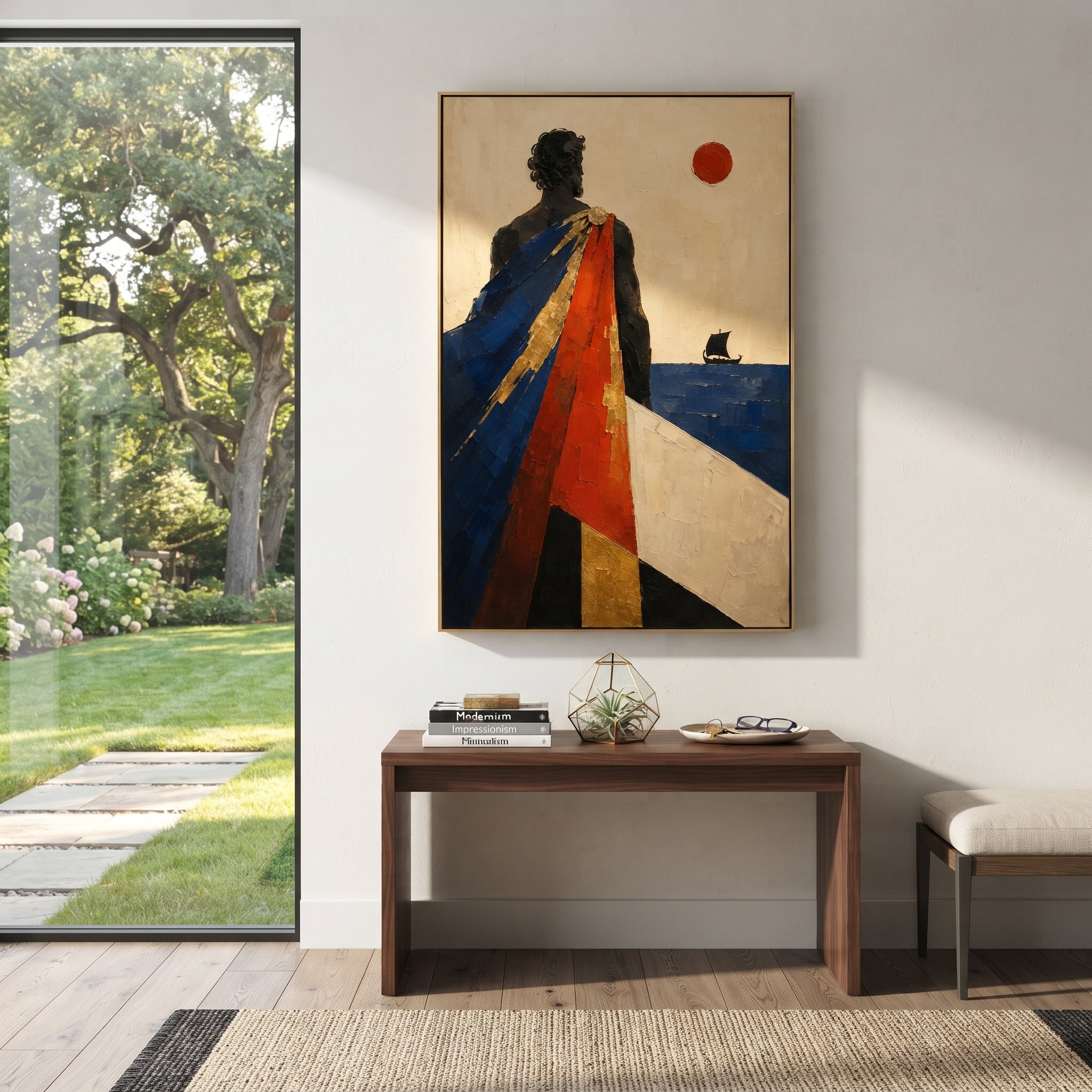 "Odysseus Watching The Black Sail" imagines the suspended moment between departure and homecoming: the hero is seen from behind, his red and deep blue cloak falling like divided loyalties, while a dark sail crosses the distant Aegean. The scene feels tied to Ithaca, war, memory, and the long pull of the sea rather than a single literal episode. Heavy palette-knife texture gives the robe, wall, and water a carved ceremonial presence, making the artwork a dramatic Odyssey statement for entryways
