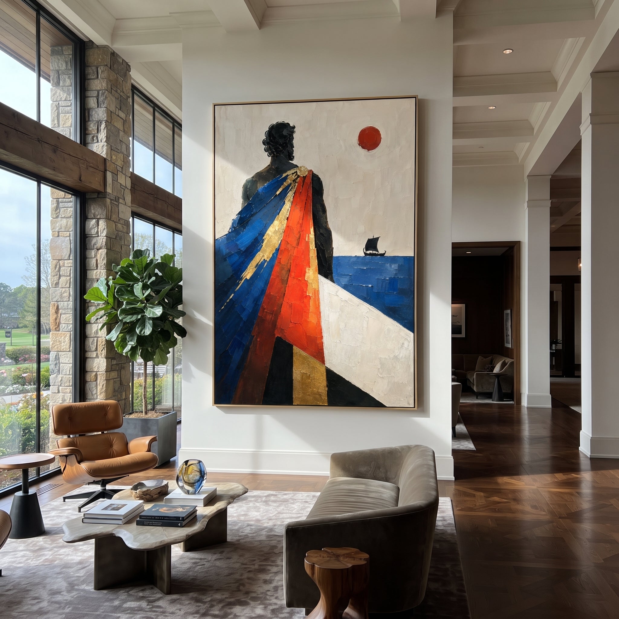 "Odysseus Watching The Black Sail" imagines the suspended moment between departure and homecoming: the hero is seen from behind, his red and deep blue cloak falling like divided loyalties, while a dark sail crosses the distant Aegean. The scene feels tied to Ithaca, war, memory, and the long pull of the sea rather than a single literal episode. Heavy palette-knife texture gives the robe, wall, and water a carved ceremonial presence, making the artwork a dramatic Odyssey statement for entryways