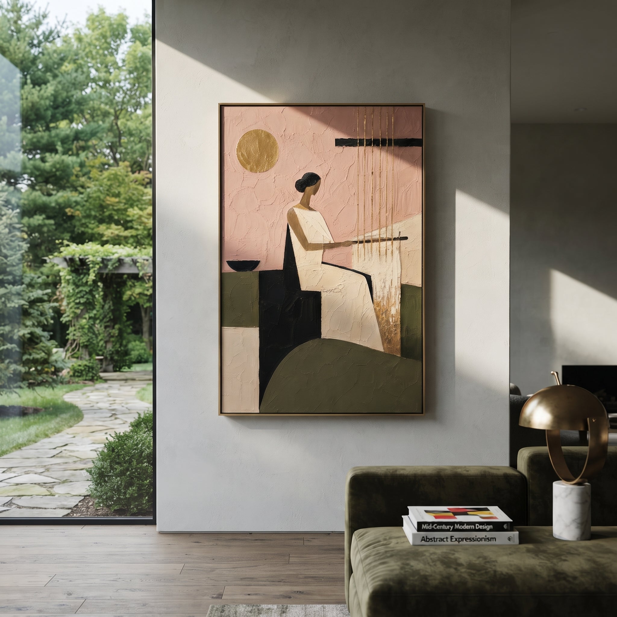 "Penelope At The Loom" turns the famous waiting of Ithaca into a quiet act of resistance. The seated woman faces the vertical threads, suggesting the weaving and unweaving that holds back the suitors while Odysseus is away. The golden disk glows like time passing over the room, and the black horizontal beam gives the soft pink wall a spare, modern tension. Built with tactile impasto and calm geometric balance, this piece brings patience, loyalty, and mythic interior stillness to bedrooms