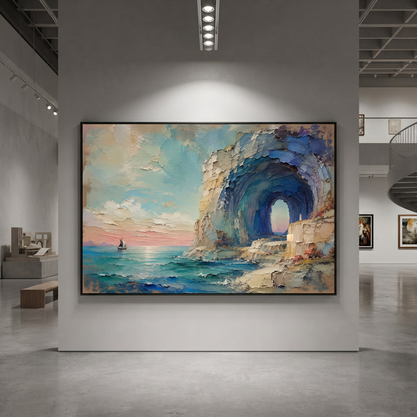 "Calypso Sea Cave Farewell" - Modern Heavy Impasto Coastal Landscape | Blue & Green Palette Knife Painting | Luxury Horizontal Wall Art #PT 1217